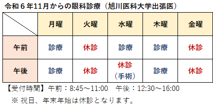 眼科外来の診療時間変更のお知らせの画像